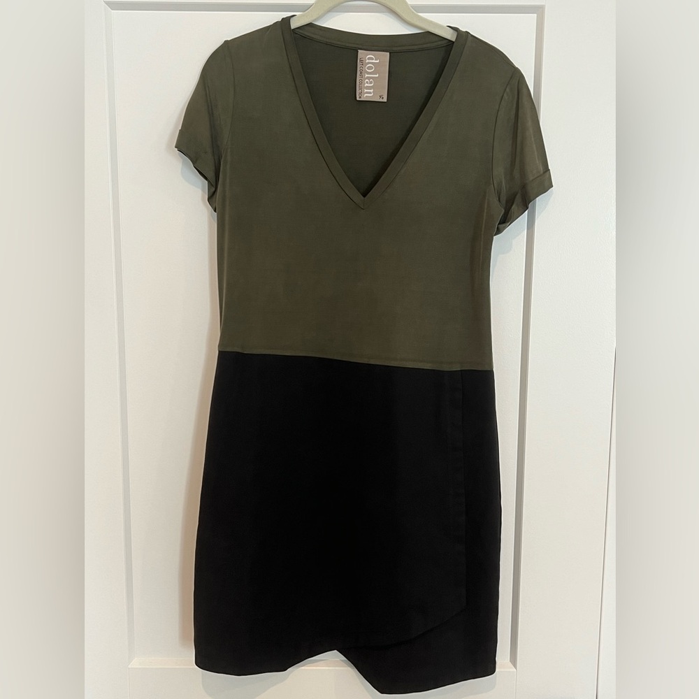 Olive and black asymmetrical mini dress